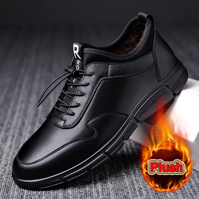 

Men's Luxury Casual Genuine Leather Tooling Shoes Comfortable Inside Handmade Fashion Leather Shoes Plush Inside Warm Snow Boots