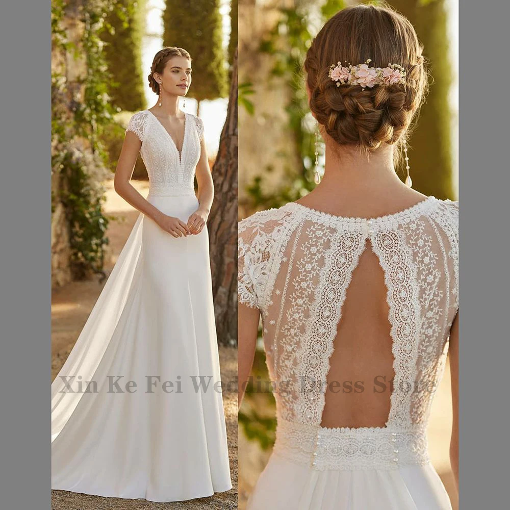 Ivory-vestidos De novia modernos De satén De encaje para mujer, elegantes vestidos De novia De sirena con tren desmontable con cuello en V, talla grande, personalizados