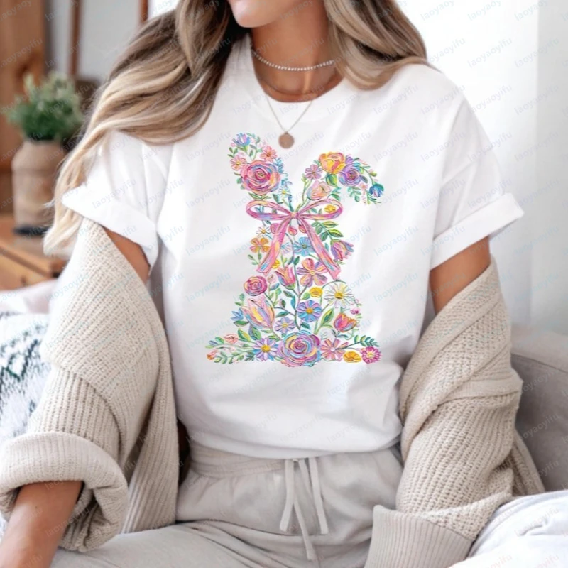 

Футболка с цветочным принтом и пасхальным кроликом, модная весенняя одежда, повседневный стиль, хлопковые женские футболки с коротким рукавом, Ropa Mujer