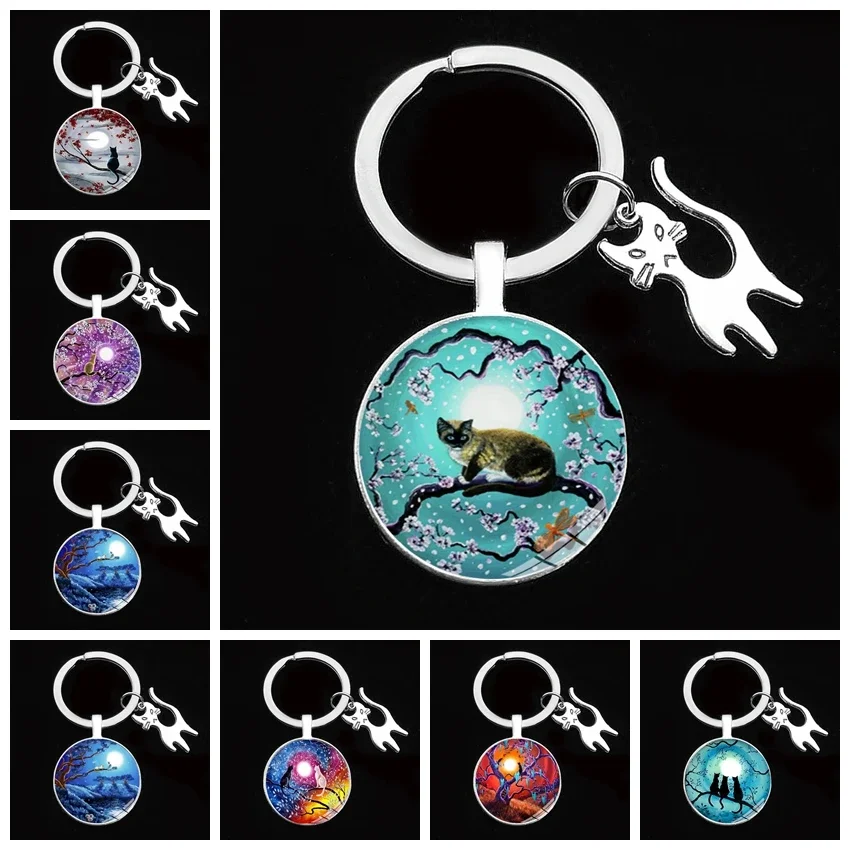 Cute Anime Cat Under Night Sky Keychain with Cat Pendent Fashion Animal Women Purse Bag Car Pendant Key Chain Ring Holder