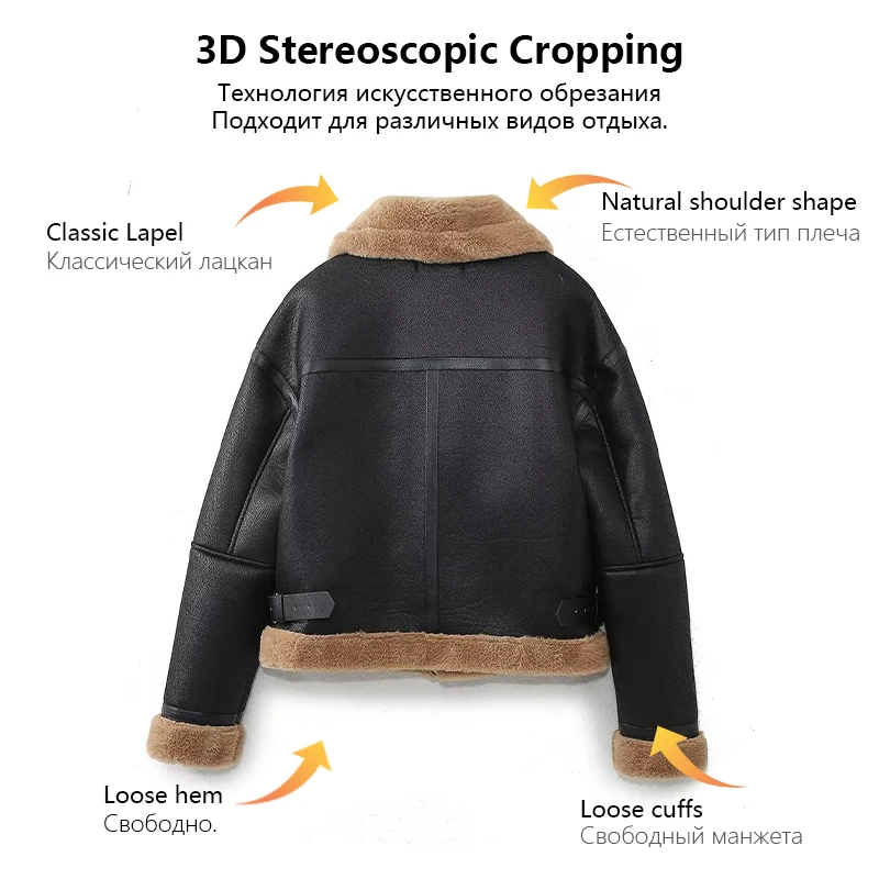 Giacca corta da donna in pelle vestibilità ampia con collo in pelliccia e polsini Orlo con bottoni laterali Giacca calda Abbigliamento donna Trafizaran