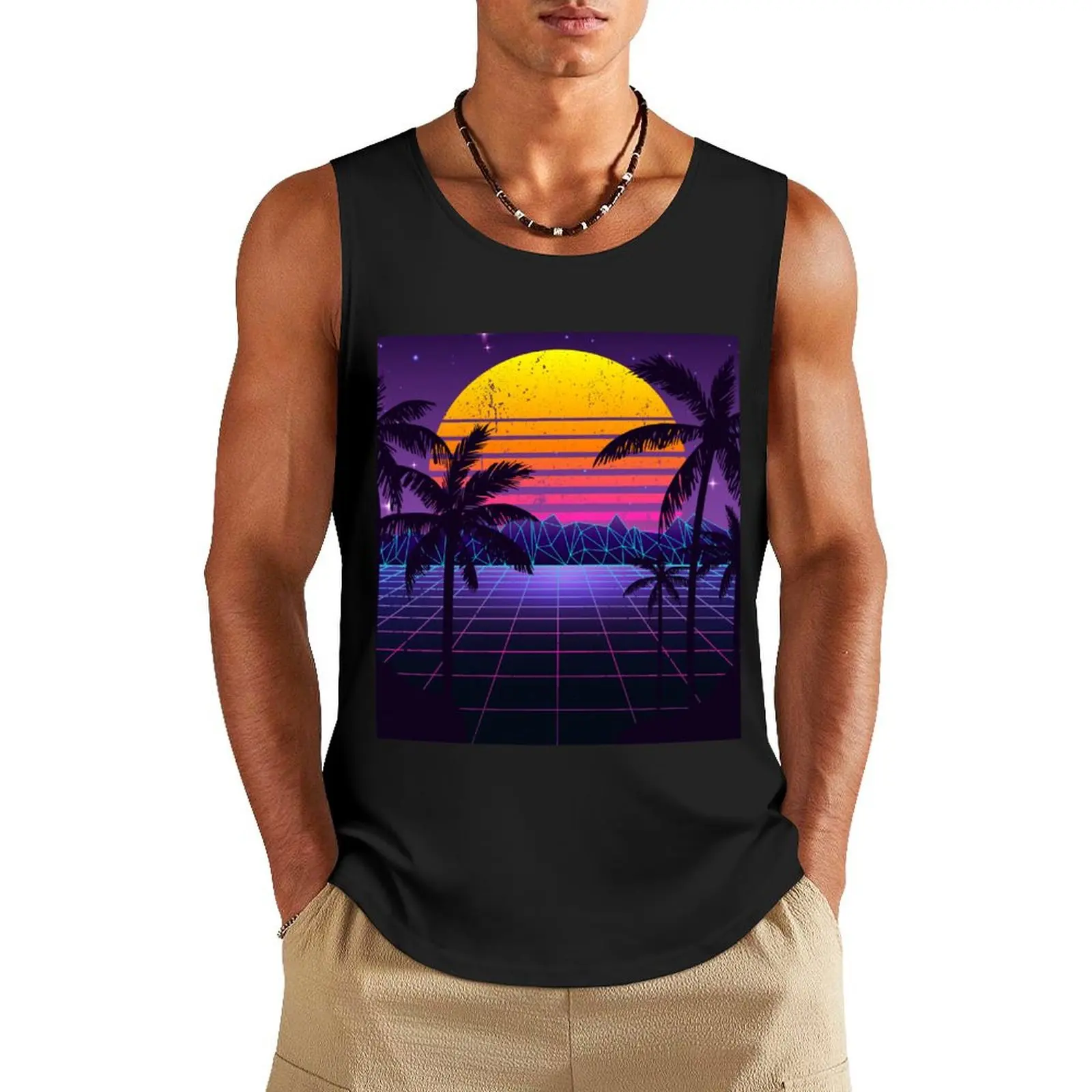 

Synthwave Sunset Aesthetic Tank Top Male vest bodybuilding t shirt Sports clothing