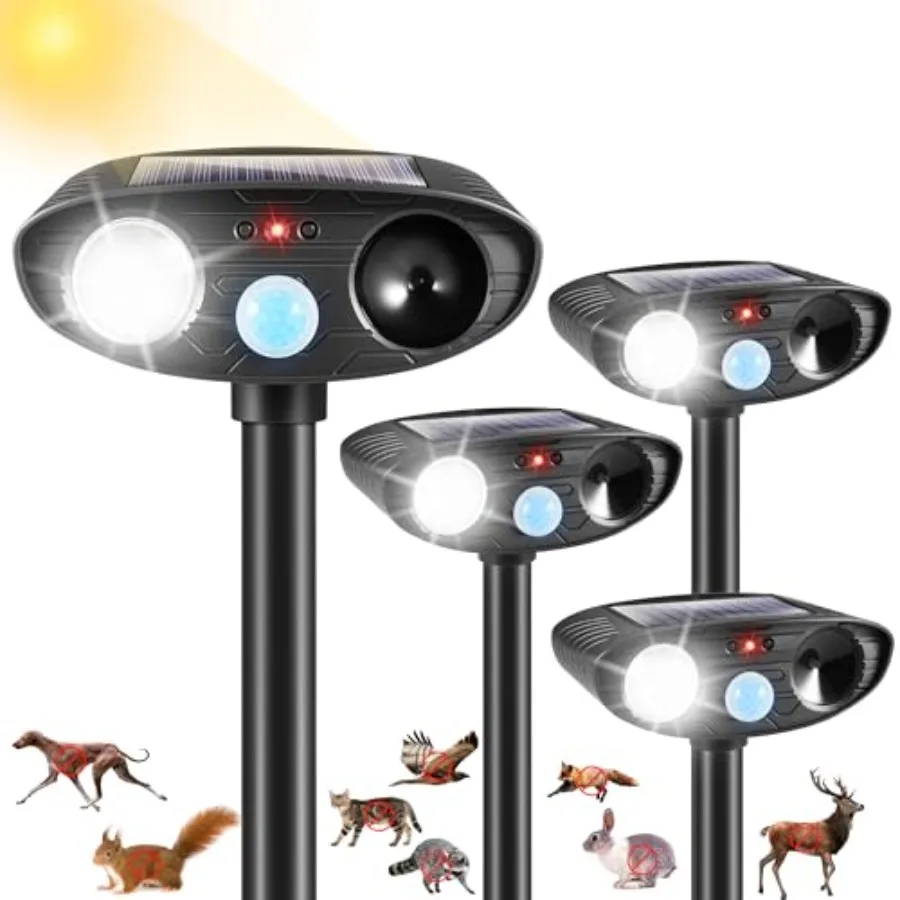 

Outdoor solar ultrasonic raccoon repellent with motion sensor strobe light, ABS plastic, black, 4-pack for yard deer, skunk, sq