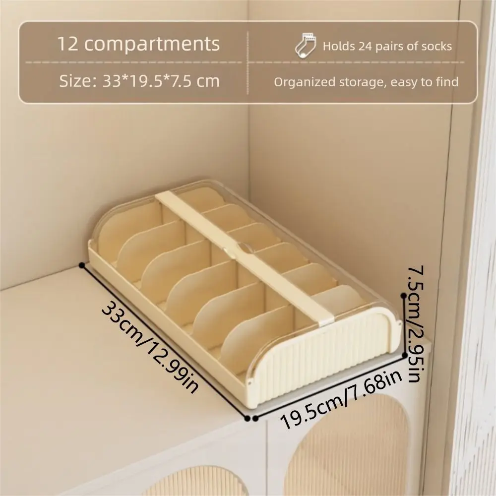 12 Grids Underwear Storage Box Stackable Clear Cover Sock Storage Case Space Saving Partition Design Closet Underwear Bin