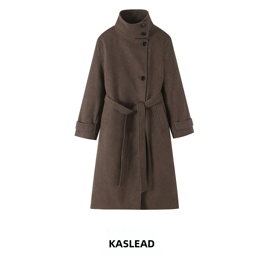 KASLEAD Women's Fashionable Belted Cowl Neck Coat Polyester Fiber Thick Long Sleeve Mid-Length European Style Online Exclusive