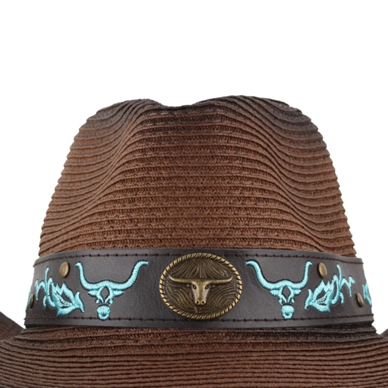 

Ethnic PU Leather Hat Belt Embroidery Ox Head Pattern Hat Band for Cowboy Hat/Top Hat for Women Man