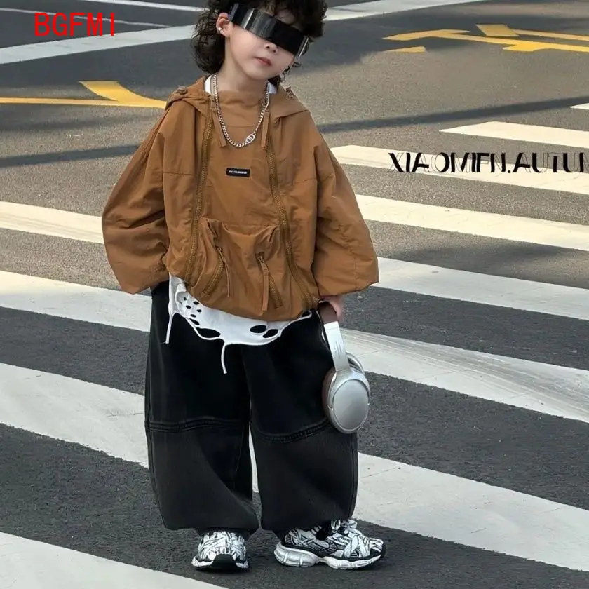 Kids Boy 2026 Spring Autumn Handsome Korean Hooded Jacket Long Sleeve Baby Outfit Set Double Zipper Top + Pants Two-piece Set
