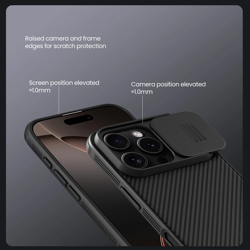 Nillkin Etui CamShield Pro do iPhone 14 15 16 Pro Max/15 Plus 14+ z zabezpieczeniem przed upadkiem, poduszką powietrzną, osłoną na obiektyw i przesuwaną osłoną ochronną. — zdjęcie produktu 5