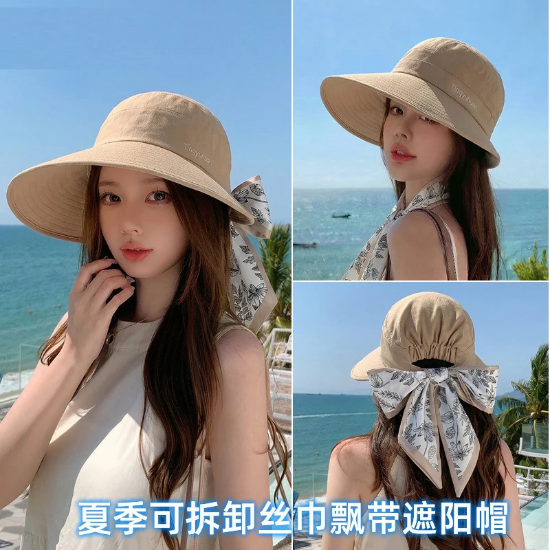 

Season outdoor travel sun protection hat fashionable high-end silk scarf ribbon sunshade hat wide brim cover face fisherman hat