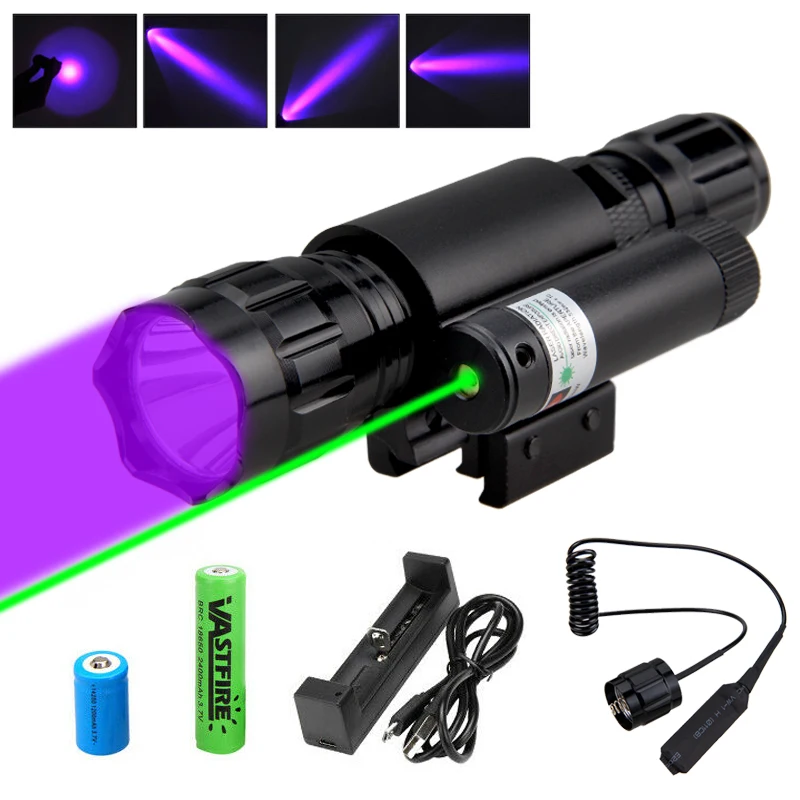 

Purple Hunting Flashlight With Green Dot Laser Sight Scope Picatinny Mount 20mm Pistol Rail Rifle Airsoft UV Weapon Gun Light