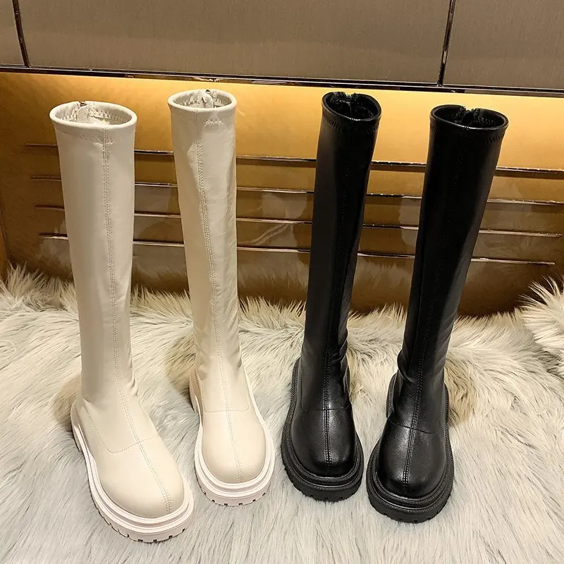 

Women Thigh High Boots Women Casual Plush Knee Boots Brand Designer Zip Ladies Leather Long Boots White Mujer Shoes 2023