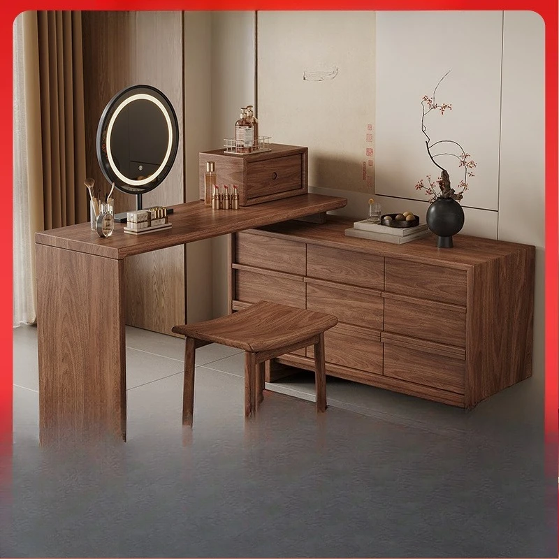 Black walnut solid wood dresser chest cabinet integrated bedroom light luxury storage cabinet with makeup mirror makeup table