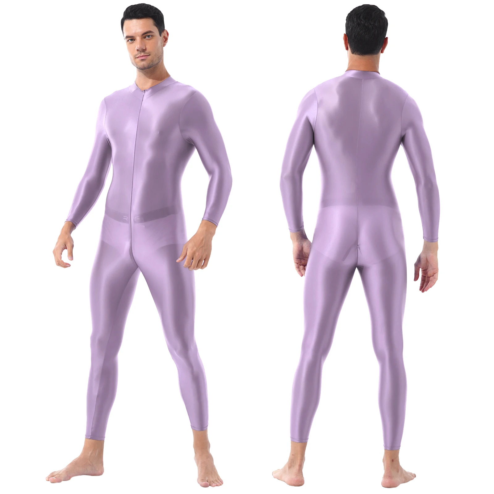 Mens Shimmery Bodycon Bodysuit Lingerie Ankle Length Double-ended Zipper Bodystocking High Neck Long Sleeves Leotard Jumpsuit