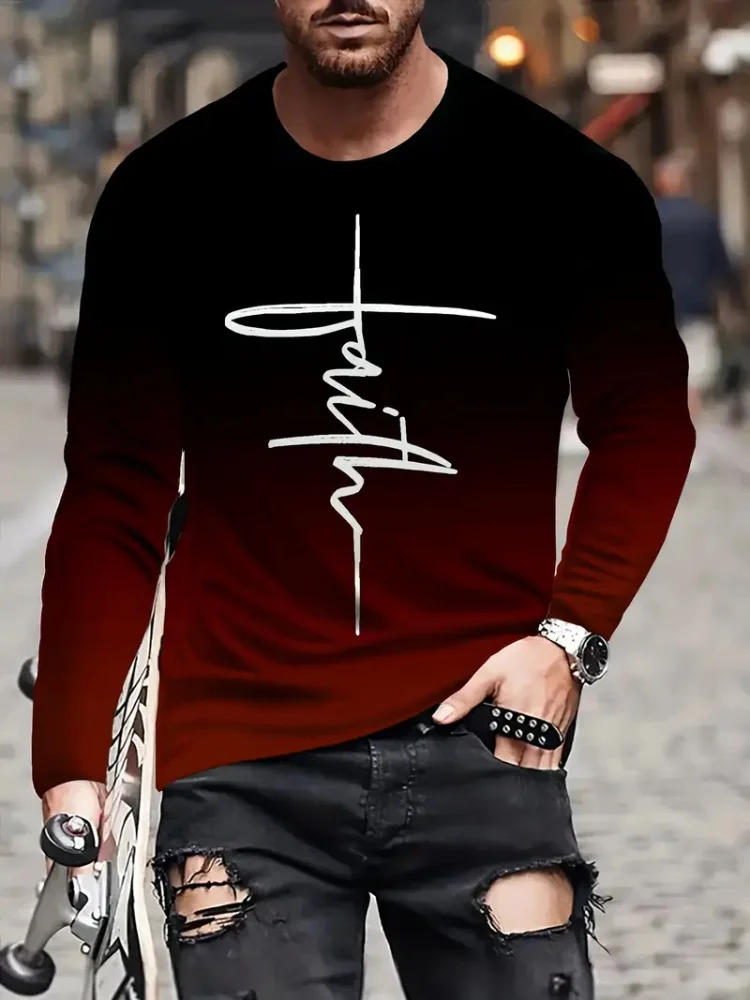 Fashion Trend Men\'s Crew-neck Long Sleeves Cross 3D Printed Men\'s Casual Pullover T-shirt Casual All-match Men\'s Top S-5XL