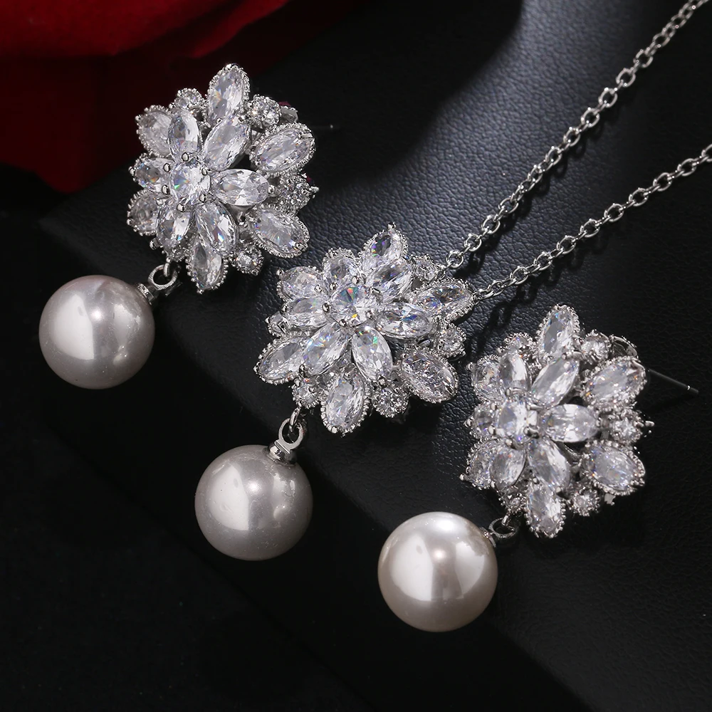 Emmaya Luxury Pearl Bridal Jewelry Sets for Women Fashion Cubic Zirconia Earrings Necklace Wedding Accessories