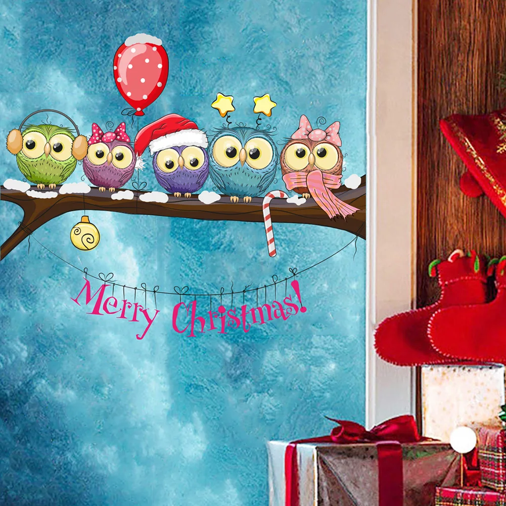 Christmas Owl On Branch Wall Stickers For Home Decor Mural Living Room Decoration Wallpaper Glass Window New Year Festival Decal