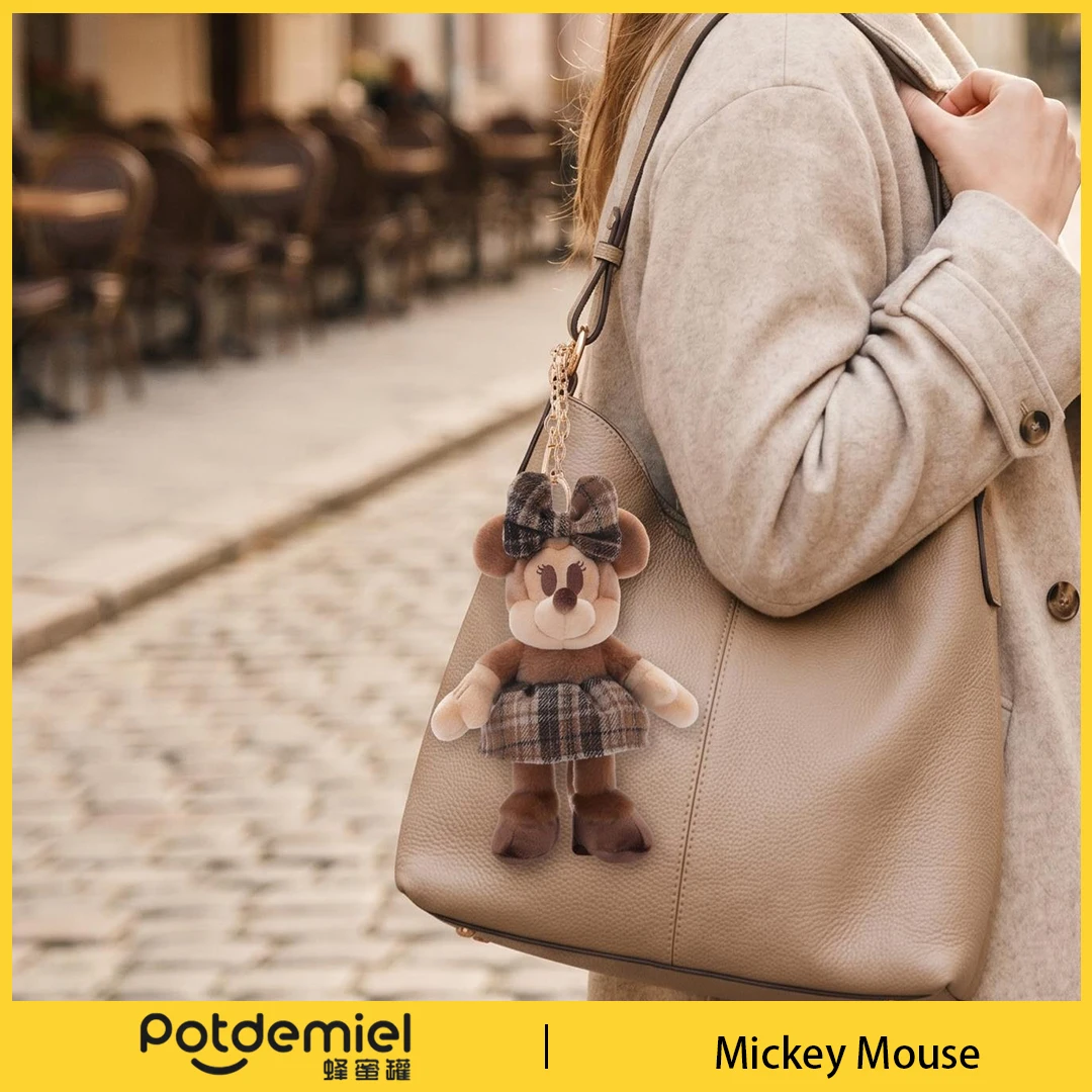 Potdemiel Disney Minnie Mouse Plush Figure Keychain Movie Plaid Dress Mouse Doll Purse Accessory Backpack Decoration Gift Figure