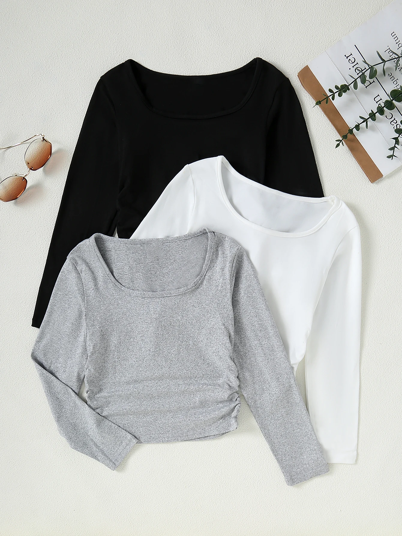 3 Piece Set Of Spring/Autumn Girls' Long Sleeved T-Shirt Round Neck Pleated Short Solid Color Casual And Versatile Outdoor Top