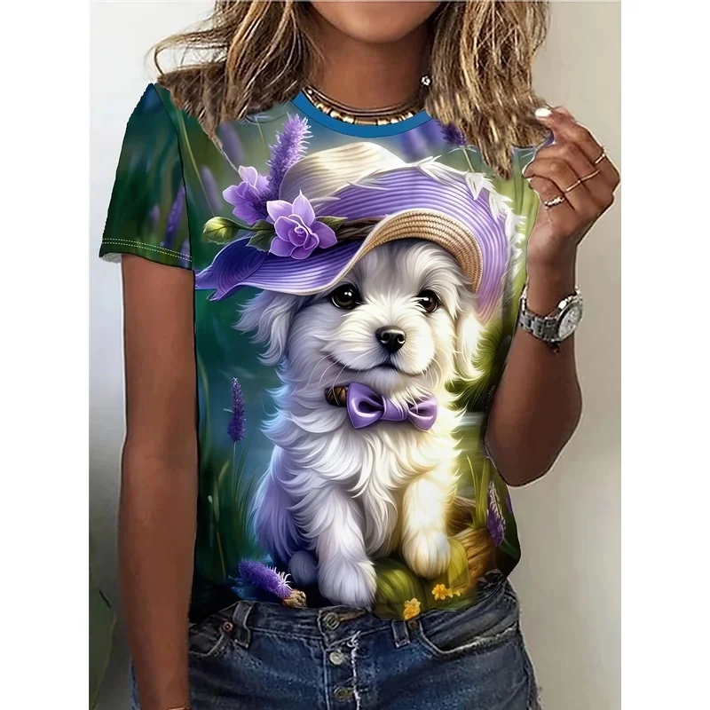 2025, Sommer-Neues Damen-T-Shirt mit 3D-Digitaldruck, lockeres, lässiges Rundhals-Kurzarm-Oberteil mit kreativem Tiermotiv