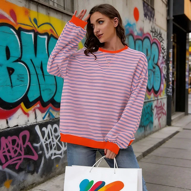 Damen Herbst/Winter Neuer Gestreifter Rundhals-Pullover Locker Lässig Langarm Sweatshirt Streetwear Harajuku-Stil Sweatshirt-Jacke – Detail 6