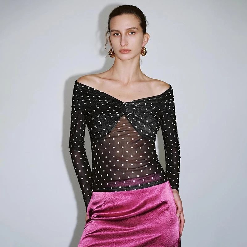 

Tornova Polka Dots Off-Shoulder Wrinkles Women's Tops Fashion Sexy Perspective Slim Long Sleeves T-Shirt Autumn Female Clothing
