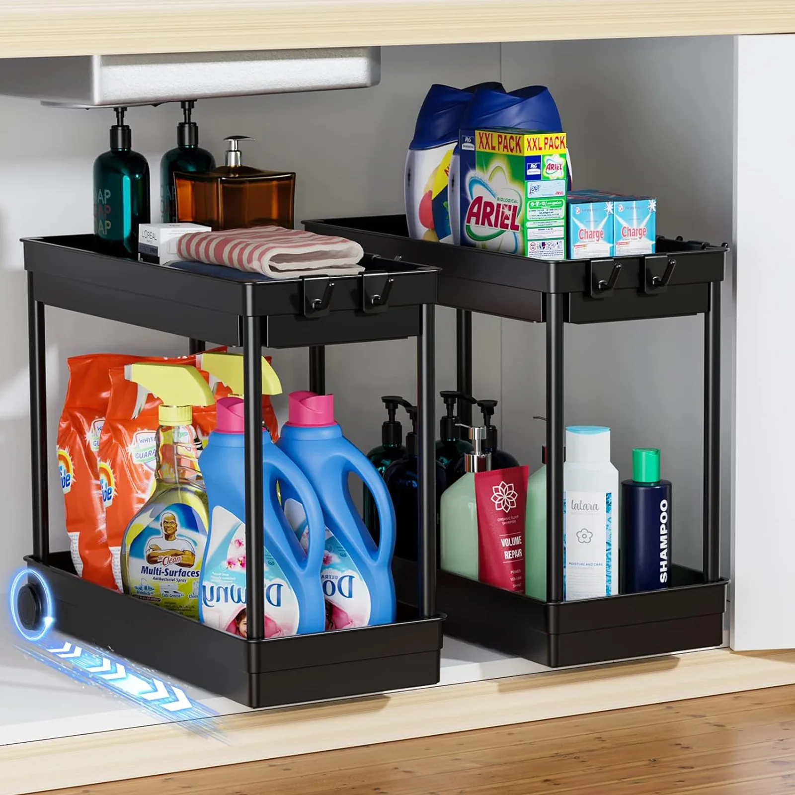 

2 Pack Hot style Black plastic pipe Under Sink Organizer Drawer with 4 Hooks kitchen standing rack multi-purpos storage shelf
