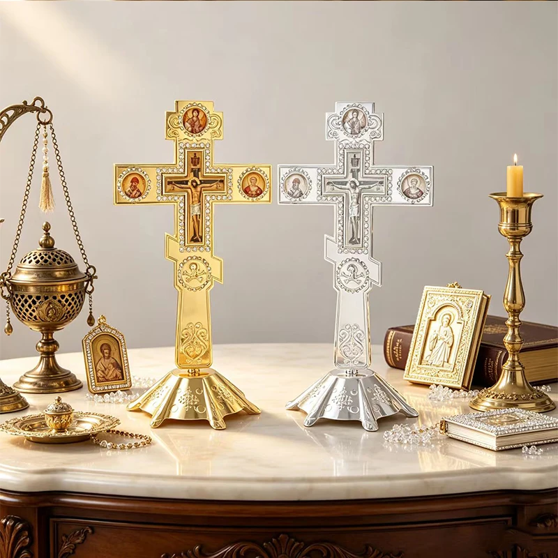Exquisite Luxury Dual Color Metal Orthodox Standing Cross Candle Stand Rhinestone Trim Multi Holy Figure Relief Fine Craft Cathe