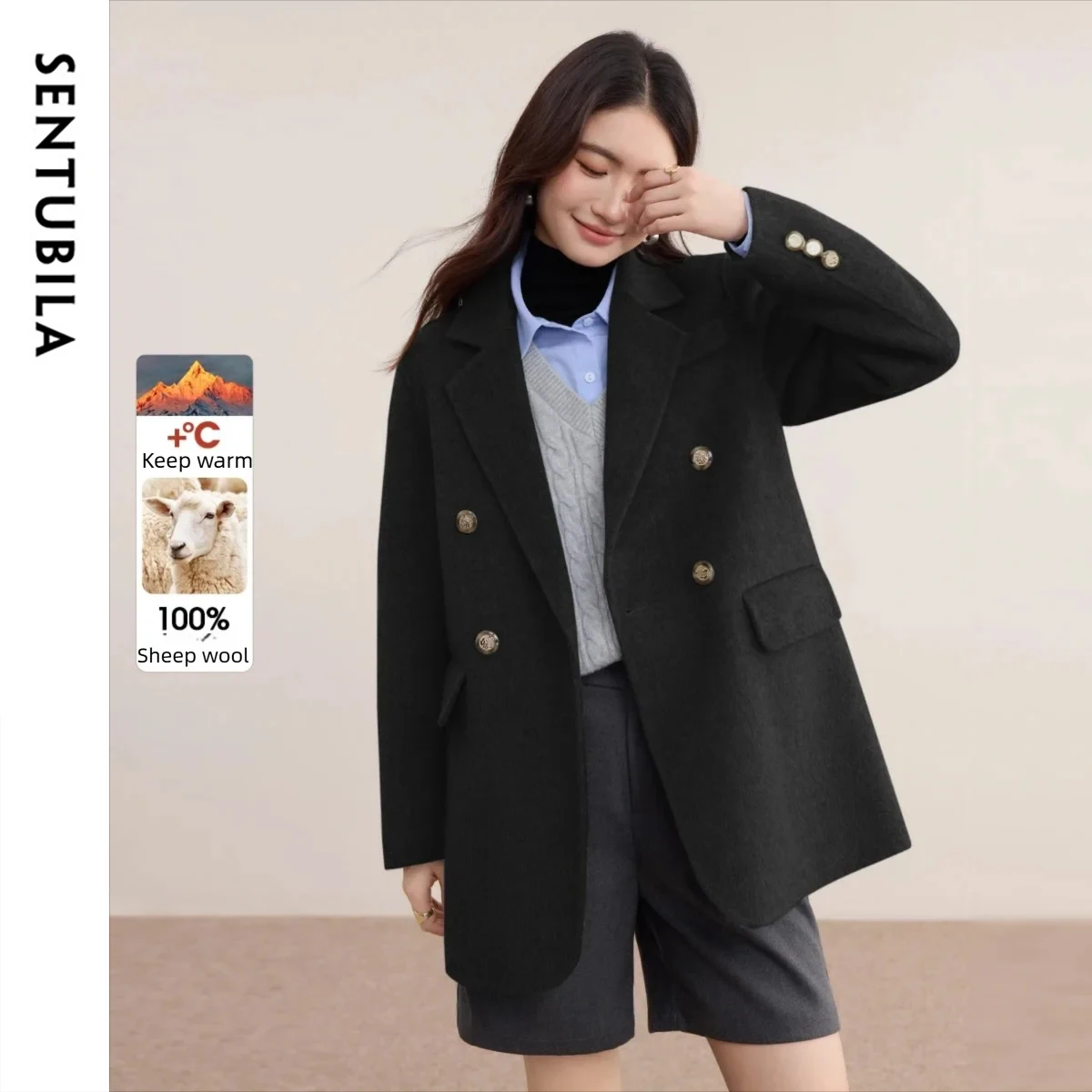 

SENTUBILA женское двустороннее твидовое пальто из 100% шерсти, женское зимнее пальто 2025 года в британском стиле, классическая элегантная верхняя одежда в стиле ретро W54OG3694X