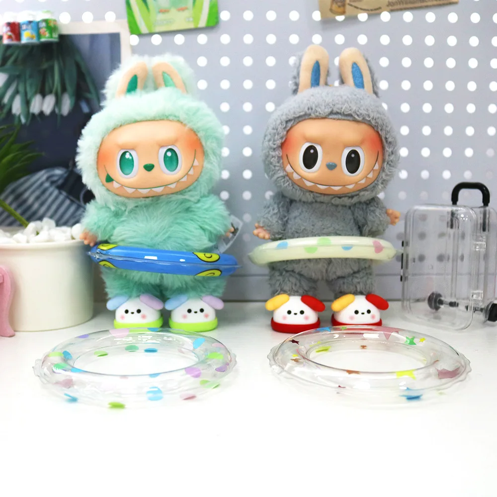 Akcesoria dla Labubu 17 cm, koło do pływania, dekoracja dla lalki, kreskówkowy wzór, kropki, gwiazda, przezroczysta zabawka, koło do pływania, prezent.