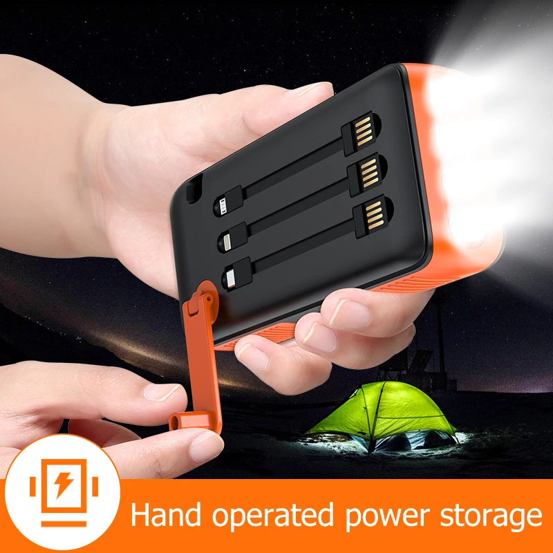 

Portable Solar Power Bank Hand Crank Charging Mobile Phone Charger Built in Cable External Battery for iPhone Samsung 61200mAh