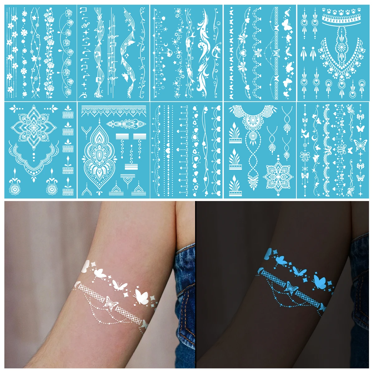 

10pcs Blue Luminous Glow Tattoo Stickers Waterproof Temporary Finger Wrist Body Art Totem Tattoo for Music Festival Party Decor