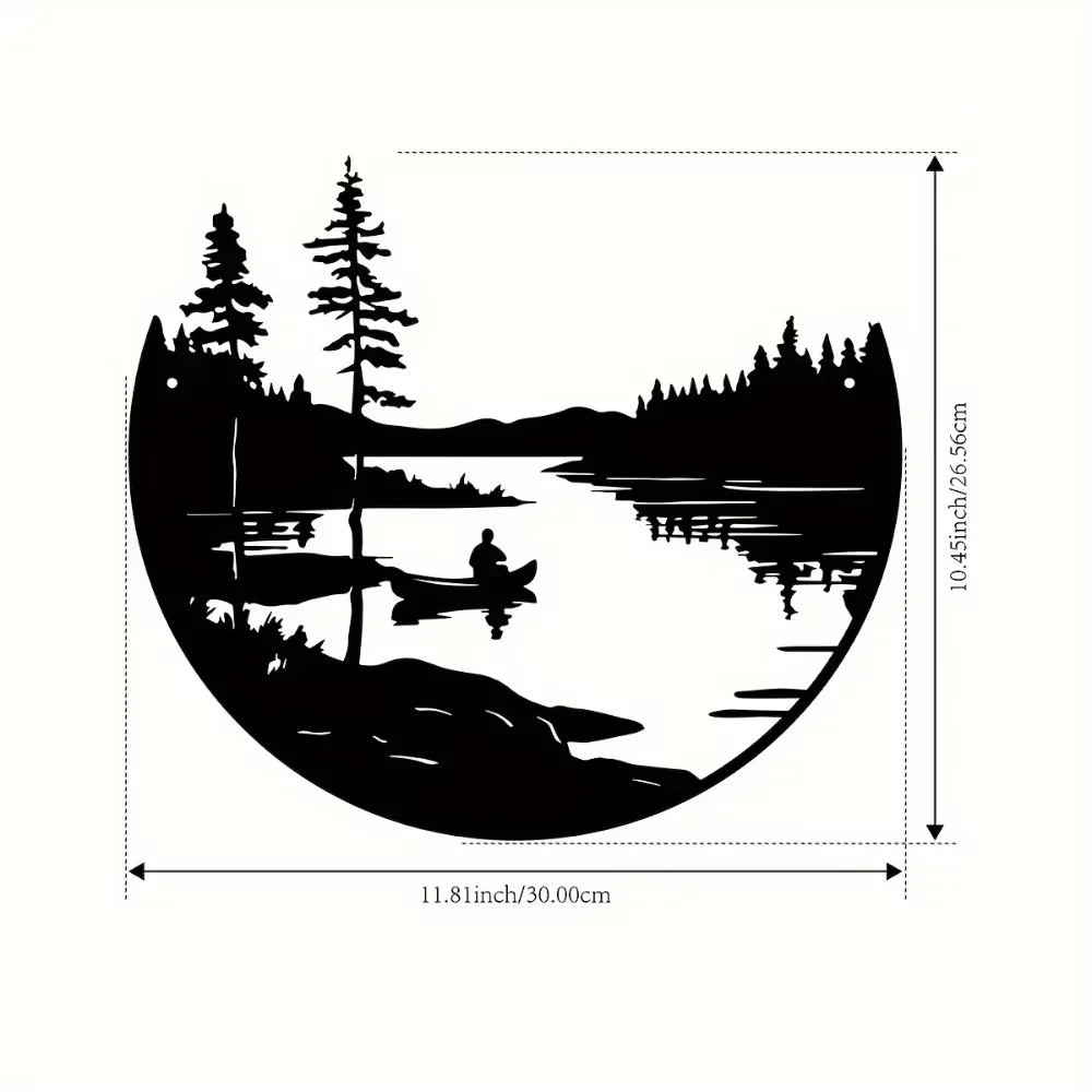 Round Metal Wall Art, One-Of-A-Kind, Bohemian Style, Landscape Silhouette of Lakes and Mountains, Outdoor Home and Patio Sculpture