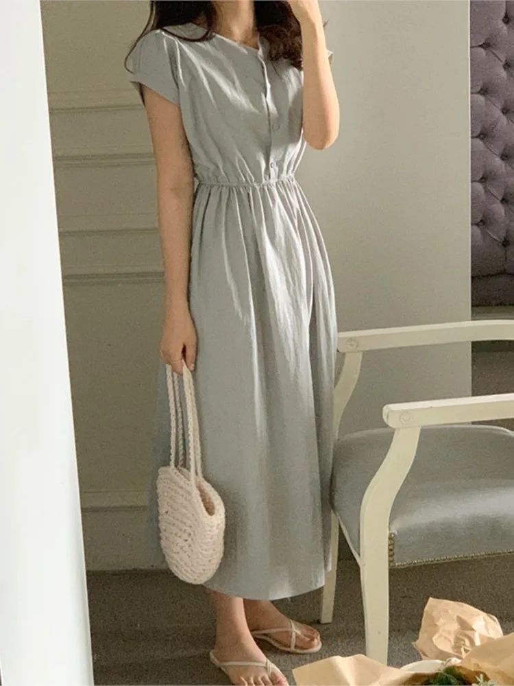 Summer V-Neck Long Dress Women Ruffle Pleated Modis Sweet Pink Ladies Dresses Korean Style Loose Casual Short Sleeve Woman Dress