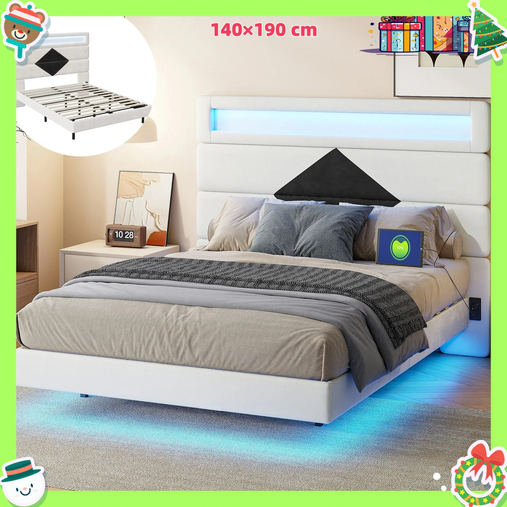 Comanlai 140×190 cm Modernes Polster-Doppelbett mit LED-Beleuchtung und USB-Ladeanschluss, mit Rückenlehnen-Kopfteil, Samt, Weiß