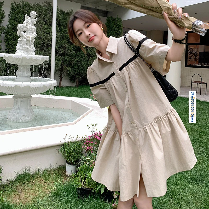 

Fashion Spliced Short Sleeve Lapel Khaki Shirt Dress for Women 2024 Summer Elegant Chic Loose Casual Korean Style Dresses 2827