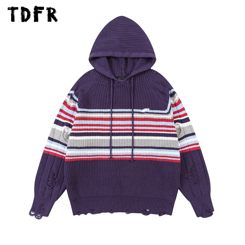 

Contrast Striped Hooded Sweater Mens Ripped Autumn Winter Streetwear Raglan Long Sleeve Knitted Sweater Men