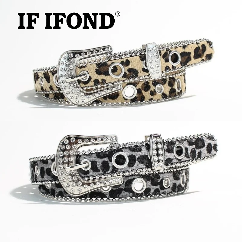 IF IFOND European American-Style Fabric-Inlaid Rhinestone Women’s Belt Fashionable Punk Leopard Print Openwork Belt