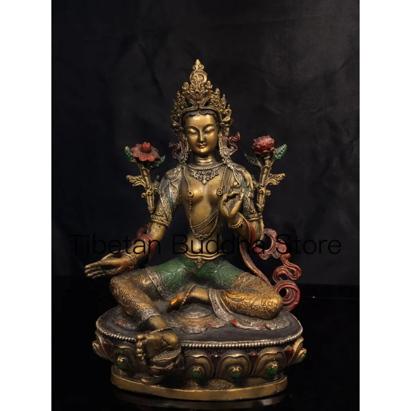 

Ancient China's refined pure copper painted green Tara Buddha with exquisite craftsmanship and thick coating