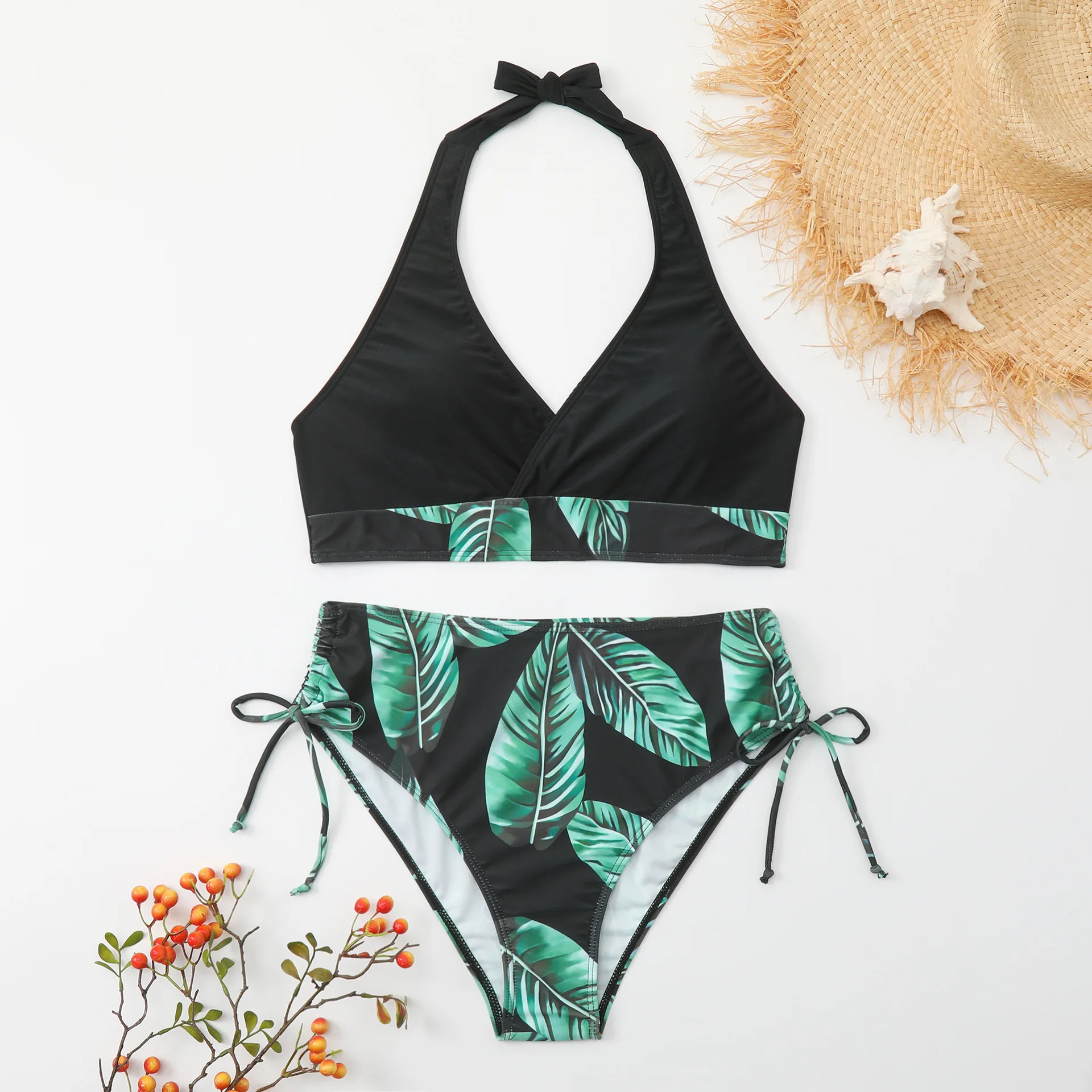 2024 New Summer Leaf Pattern Women Swimsuit Halter Bandage Bikini Set Backless Tie-up Swimwear High Waist Push Up Bathing Suits