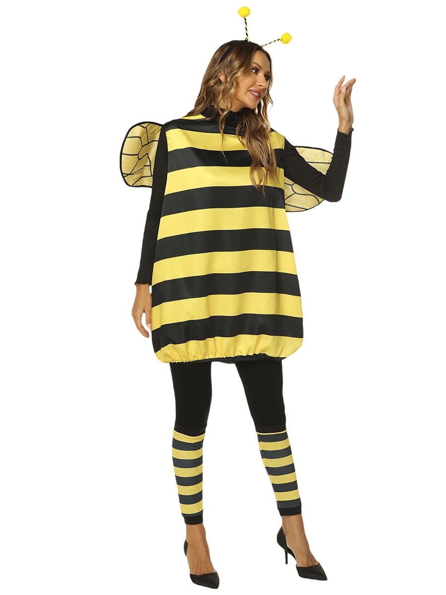 Women Kids Cosplay Costume Set Halloween Bee Dress with Wings Headband Leg Sleeves for Role-playing Accessories