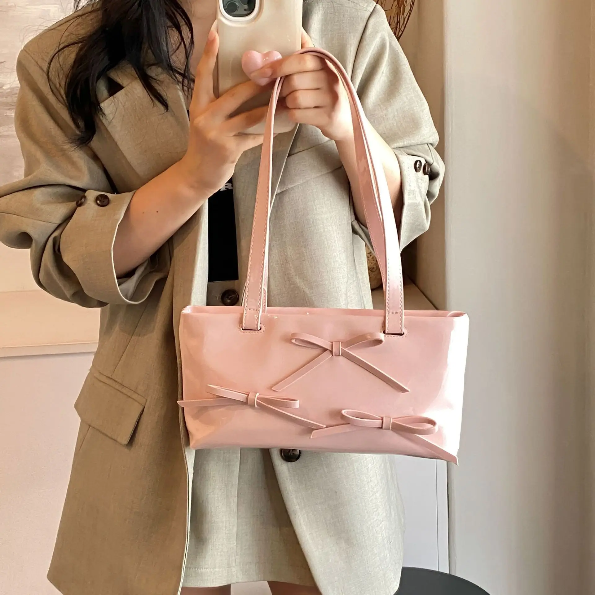 Sweet Bow Underarm Bag Fashion Lacquer Leather Handbag 2024 Women New Korean Single Shoulder Bag High Quality Texture Tote Bag