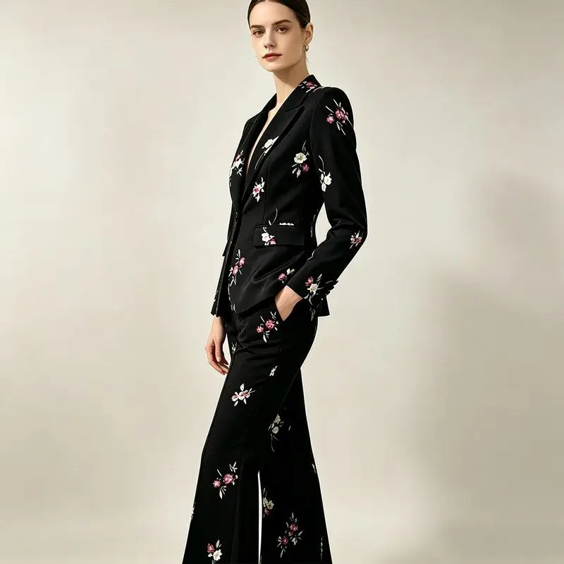 2026 New Elegant Celebrity Fashion Printed Suit Pants Two-Piece Set Long Bell Bottoms High Quality Ladies' Ensemble