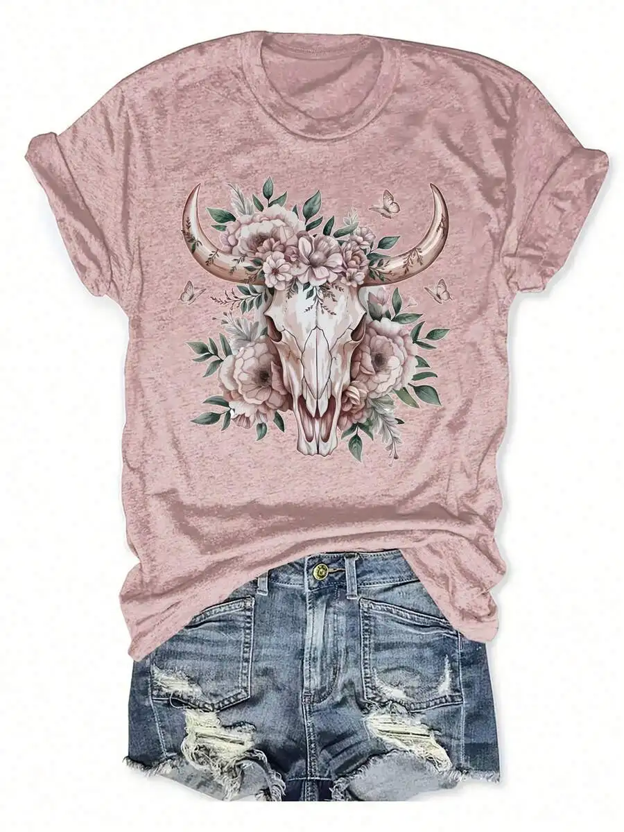 

Women Vintage Western Cow Skull Floral Print Round Neck Short Sleeve T-Shirt Lavender