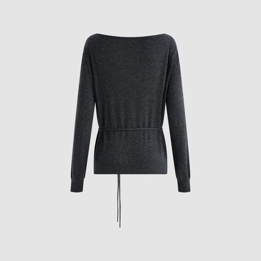 2026 Women's Wool Blend Boat Neck Sweater Dark Grey Tie Waist Knit Top Asymmetric Button Front Elegant Autumn Pullover