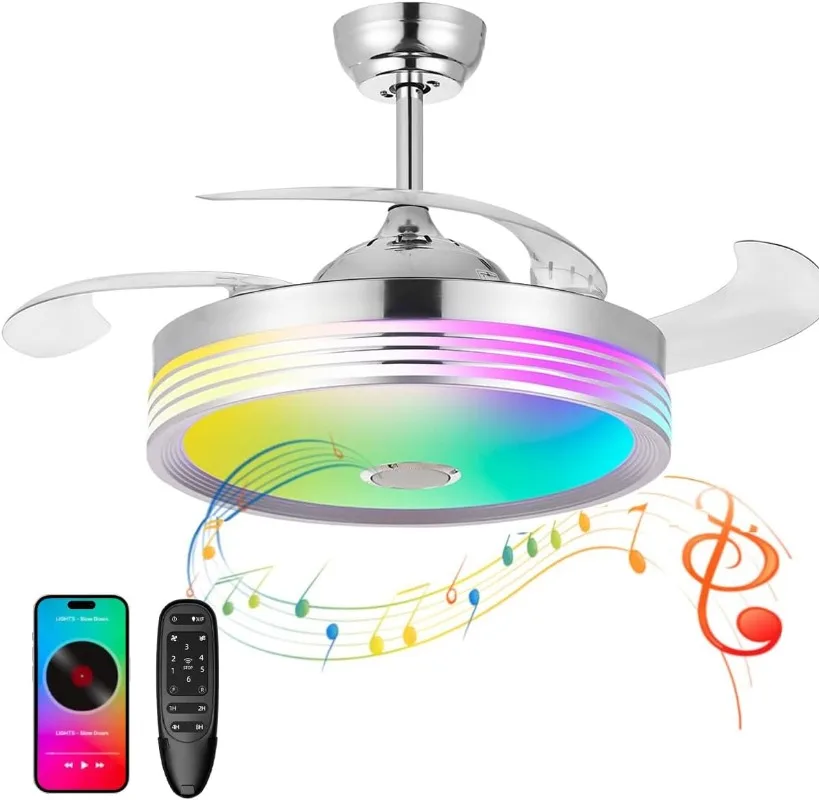 48 inch Modern Retractable Ceiling Fan with Lights and Remote Control, 6Speed Dimmable Fandelier, Smart Ceiling Fan Light with B