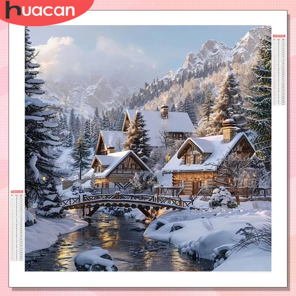 HUACAN الماس اللوحة مجموعات كاملة منزل الشتاء المشهد ديكور المنزل فسيفساء التطريز الراين الصور #1