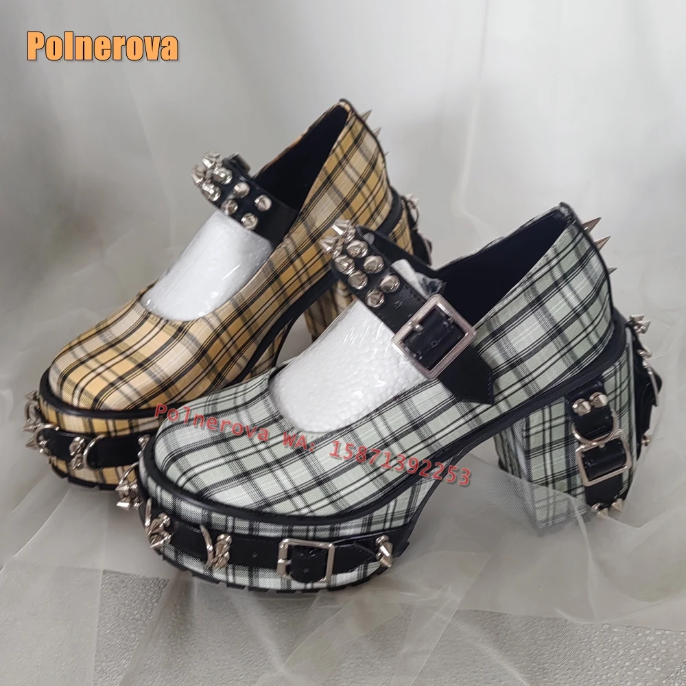 Metal Spike Rivet Plaid Mary Jane Pumps Round Toe Block Heels Belt Buckle Shallow Lolita Cosplay Women Sandals Plus Size Newest