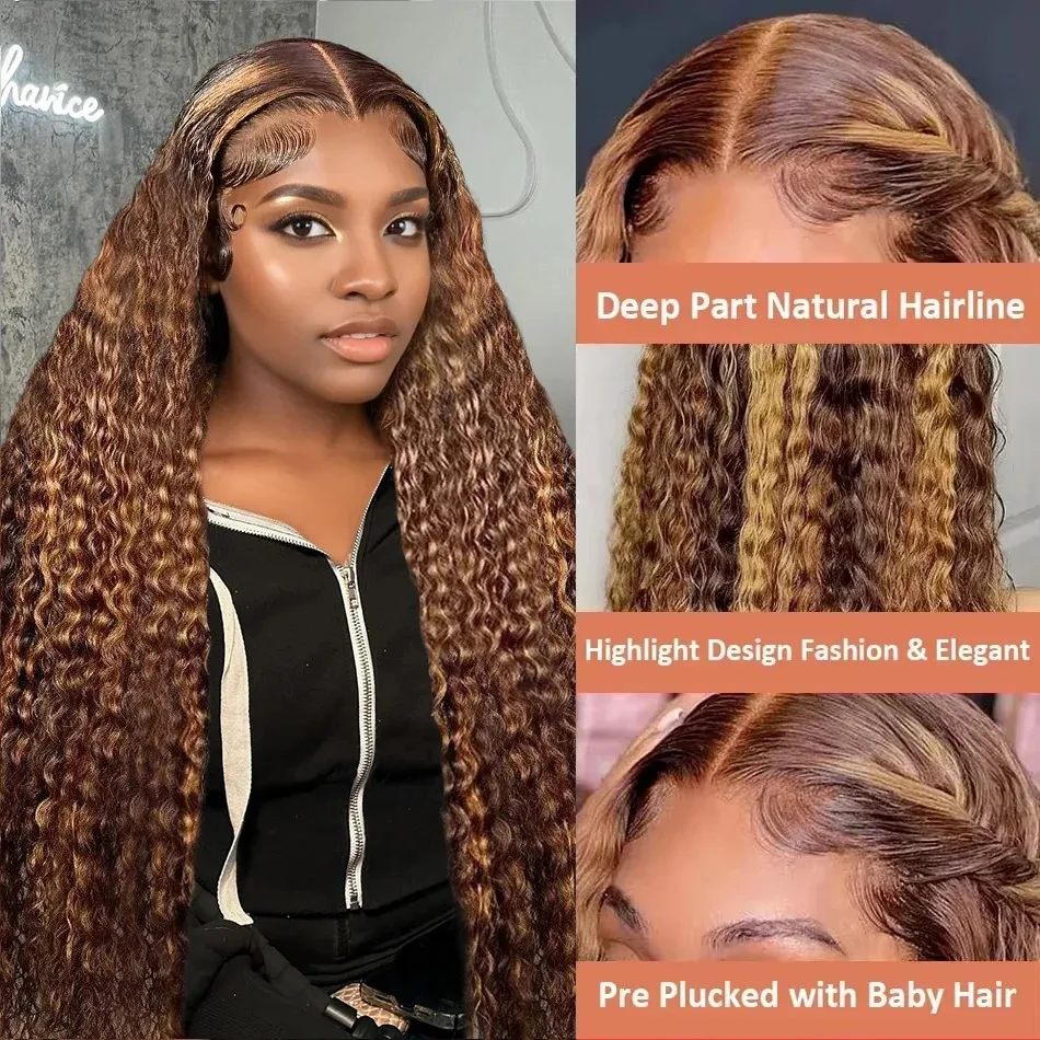 Perruque Lace Front Wig Deep Wave Brésilienne Naturelle, Cheveux à Reflets, 13x6, 13x4, 30 Pouces, Densité 200, pour Femme Africaine