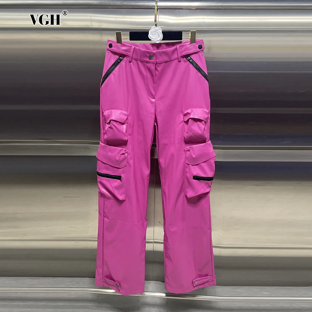 

VGH Solid Spliced Pockets Streetwear Trousers For Women High Waist Patchwork Zipper Casual Loose Cargo Pants Female Fashion New