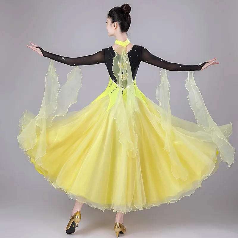 여성용 볼룸 댄스 드레스 공연용 모던 댄스 의상 긴 소매 빅 스윙 탱고 왈츠 표준 의류